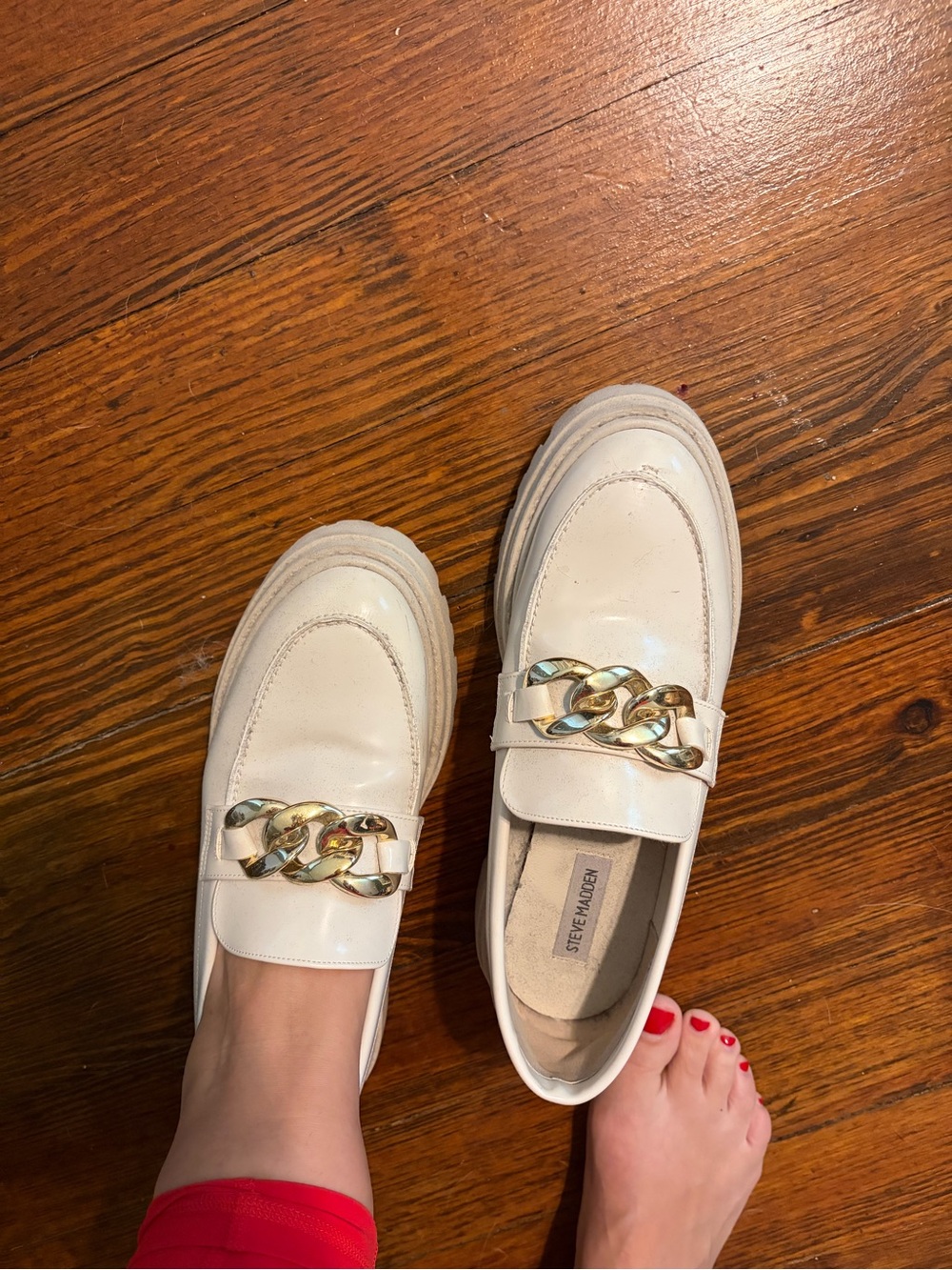 Steve Madden Cream Loafers with Gold Chain Accent